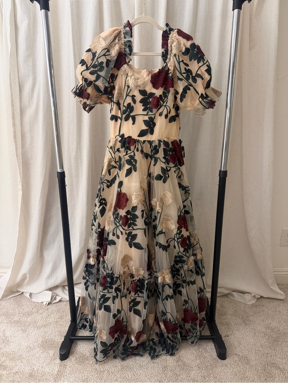 Ivy City Co Cream Maxi Dress with Burgundy & Green Floral Embroidery